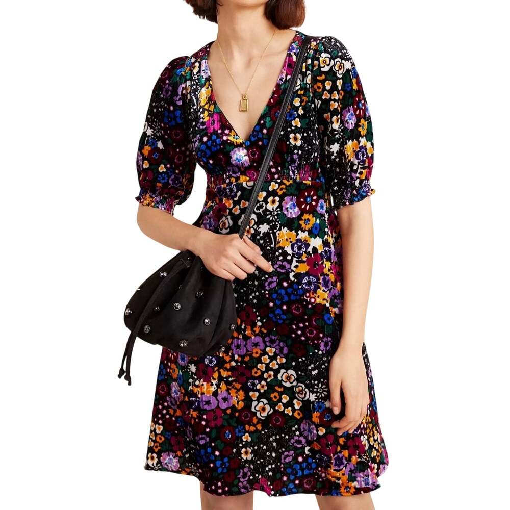 Anthropologie Francie Multicolor Floral Velvet V Neck Mini Dress Women’s Size 8